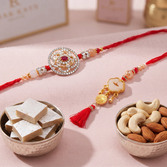 Kundan Floral Medallion Bhaiya Bhabhi Rakhi Set with Kaju Katli & Dry Fruits