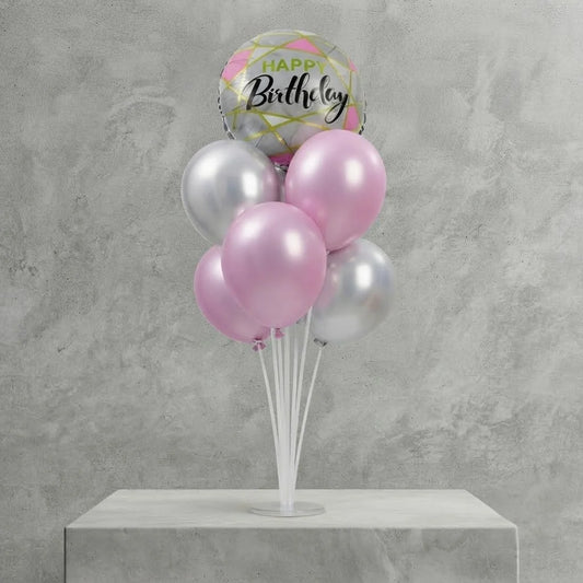 Pink & Silver Balloon Stand with Birthday Foil