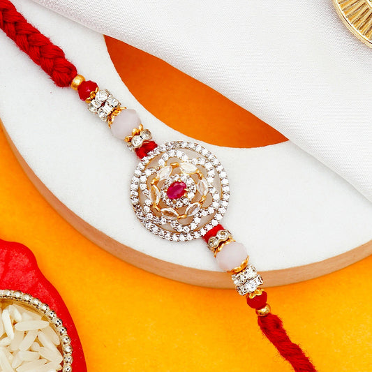 Kundan Floral Medallion Bhaiya Bhabhi Rakhi Set with Kaju Katli & Dry Fruits