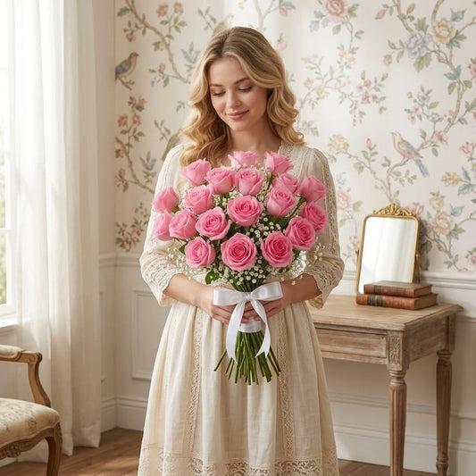 Charming 20 Pink Roses Bouquet with White Gypsophila Fillers