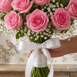 Charming 20 Pink Roses Bouquet with White Gypsophila Fillers