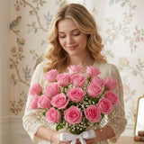 Charming 20 Pink Roses Bouquet with White Gypsophila Fillers
