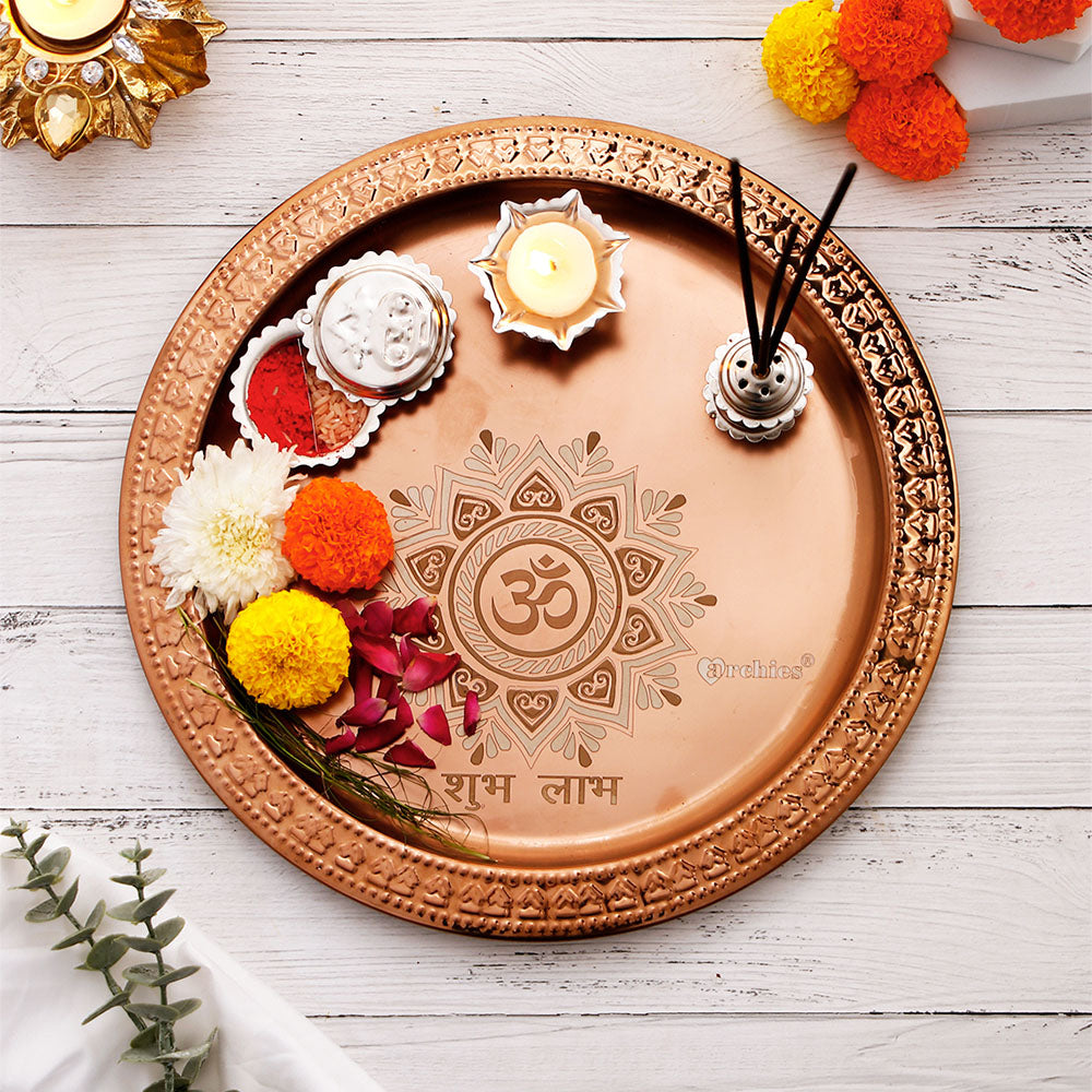 Copper Pooja Thali Set with Kaju Barfi and Attar