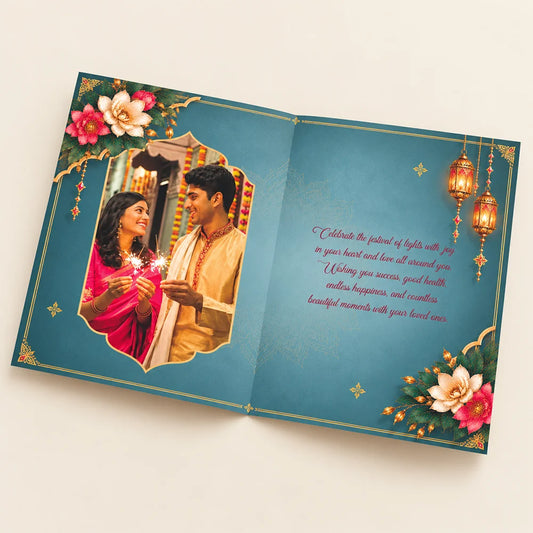 Personalized Diwali Greeting Card with Lanterns, Lotus & Diyas on Teal
