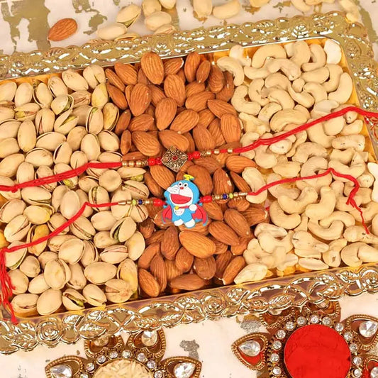 Antique Kundan and Doremon Rakhi and Dry Fruit Thali Set of 2