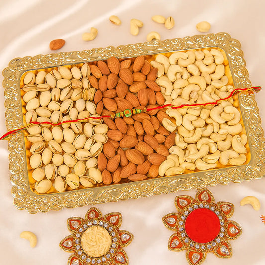 Antique Green Rakhi and Dry Fruit Thali