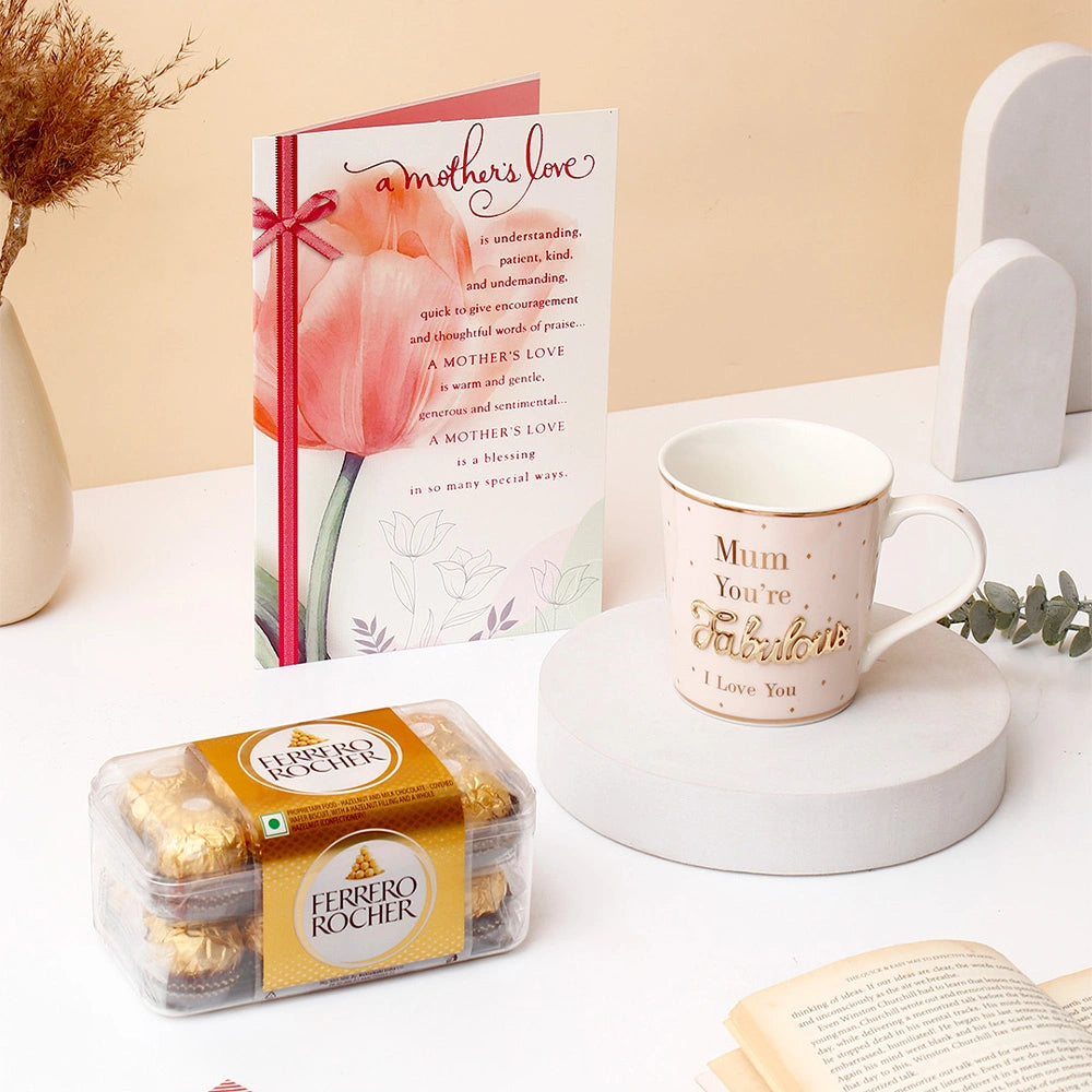 A Mother's Love Greeting Card With Mug And Chocolate