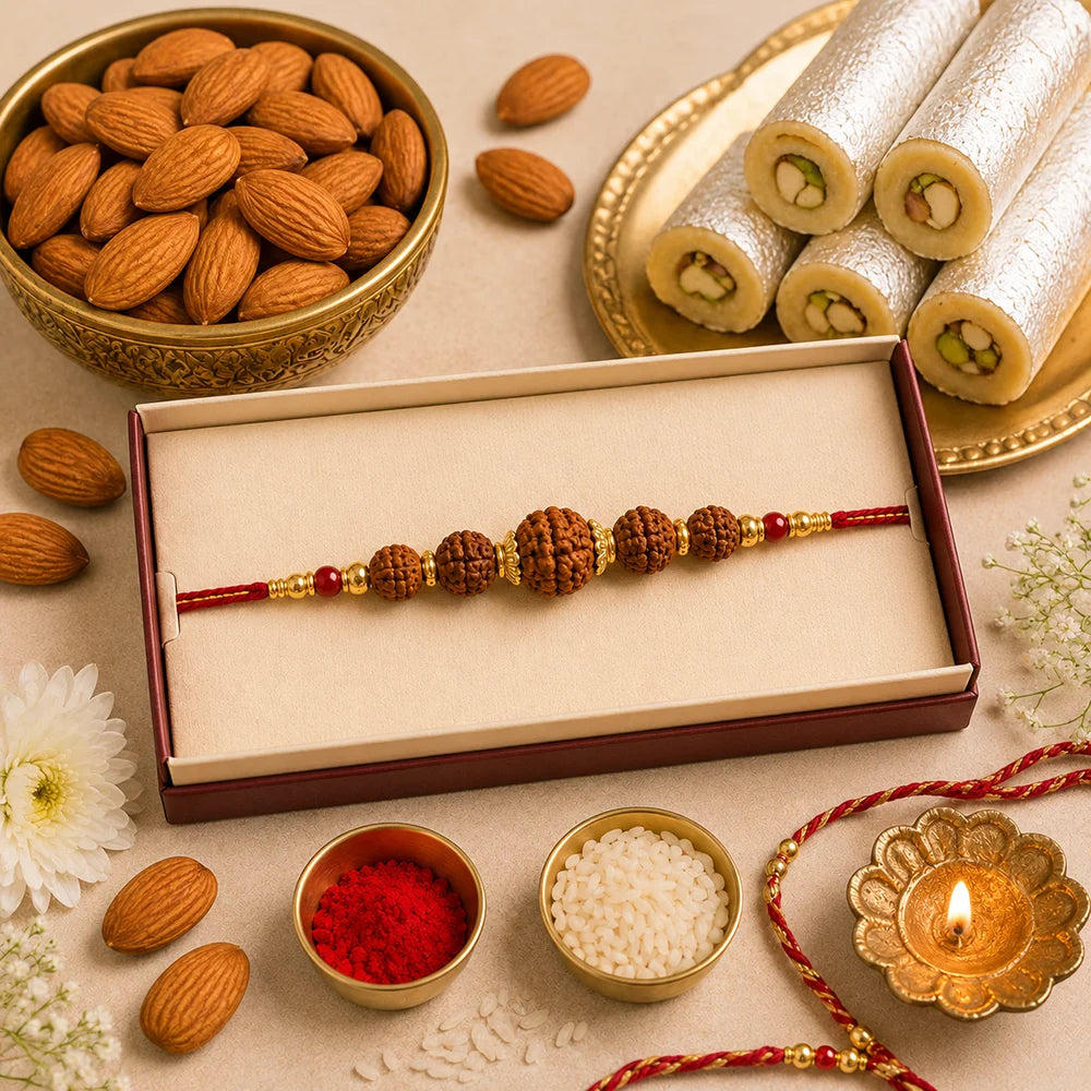 Rudraksha Rakhi with Kaju Roll & Almonds | Sacred Rakhi Dry Fruit Hamper