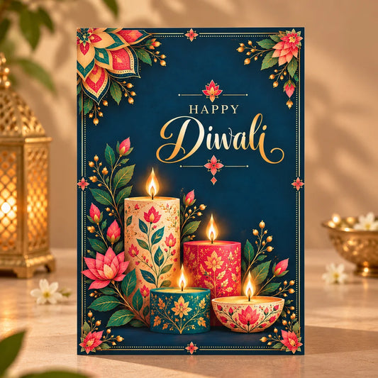 Personalized Diwali Greeting Card with Floral Candles on Navy Blue