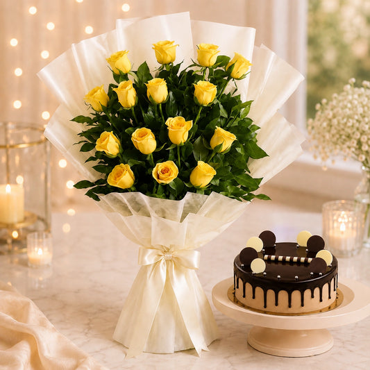 Yellow Roses With Chocolate Cream Cake