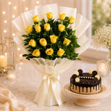Yellow Roses With Chocolate Cream Cake