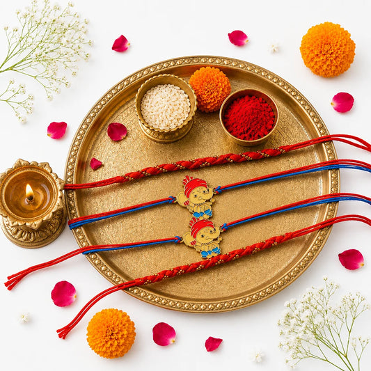 Set of 4 Ganesha & Mauli Rakhi with Motichoor Laddoo | Divine Rakhi Family Set