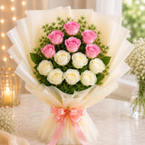 7 Pink Roses & 8 White Roses With Eggless Butterscotch Cake
