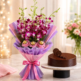 10 Purple Orchids, Eggless Chocolate Truffle Cake & Ferrero Rocher