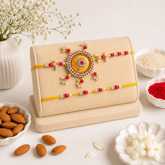 Designer Beads Bhaiya Bhabhi Rakhi in Yellow & Pink | Vibrant Raksha Bandhan Gift