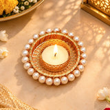 Set of 4 Gold-Tone Pearl Beaded Round Diya