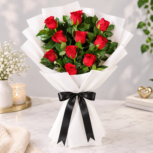 Bold 10 Red Roses Bouquet with Green Murraya Leaf Filler