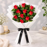 Bold 10 Red Roses Bouquet with Green Murraya Leaf Filler