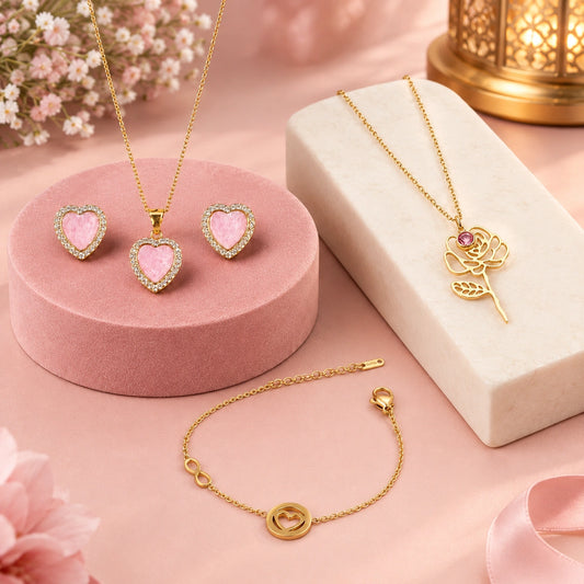 Pink Heart Necklace, Rose Pendant Necklace, Earrings and Bracelet Set