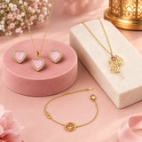 Pink Heart Necklace, Rose Pendant Necklace, Earrings and Bracelet Set