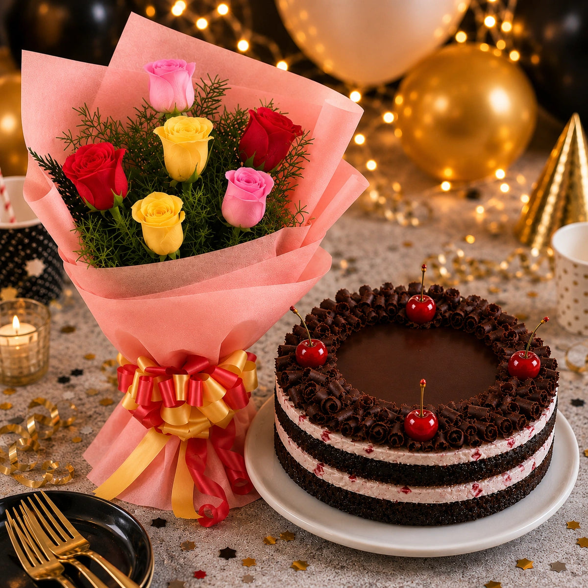 6 Mixed Roses With Black Forest Cake