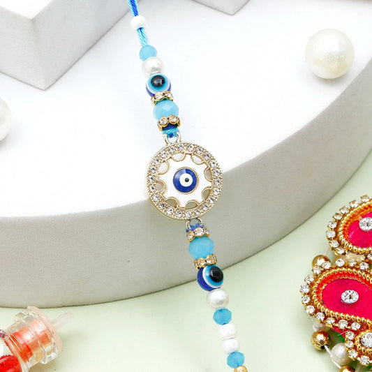 Studded Evil Eye Bhaiya Bhabhi Rakhi Set with Rasgulla & Dry Fruits
