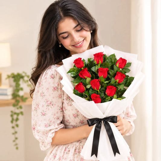 Bold 10 Red Roses Bouquet with Green Murraya Leaf Filler