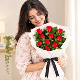 Bold 10 Red Roses Bouquet with Green Murraya Leaf Filler