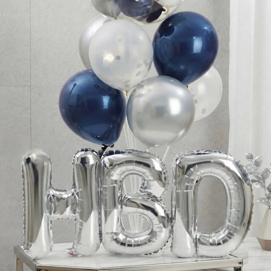 Navy & Silver Bobo Balloon Stand with HBD Foil