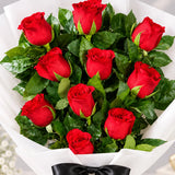 Bold 10 Red Roses Bouquet with Green Murraya Leaf Filler