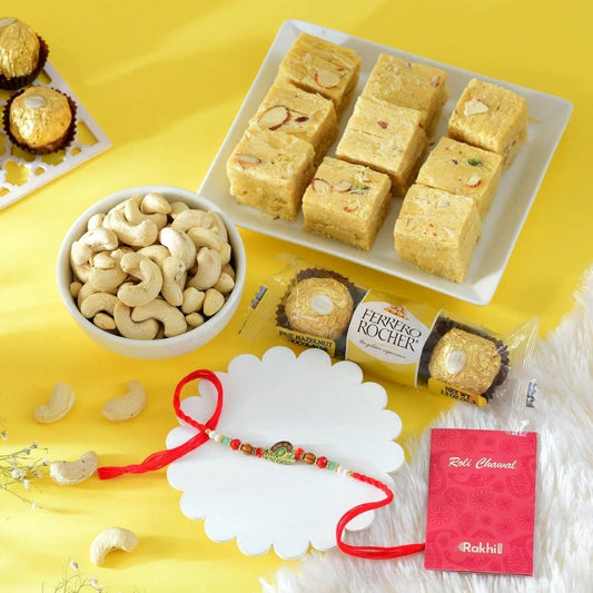 Sparkling Rakhi Hamper with Soan Papdi, Cashew Nuts & Ferrero Rocher