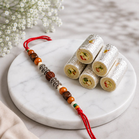 Rudraksh Wood Bead Rakhi with Kaju Roll