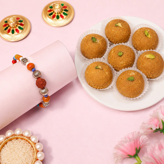 Rudraksh Wood Bead Rakhi with Besan Laddo