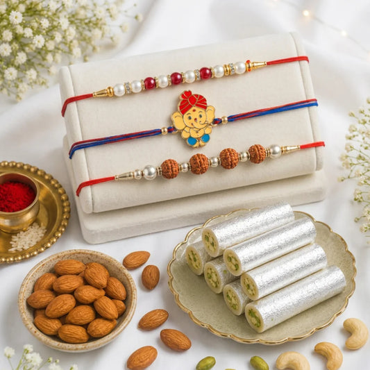 Pearl, Rudraksha & Ganesha Rakhi with Kaju Roll & Almonds | Family Rakhi Hamper