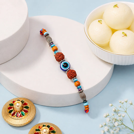Rudraksh Evil Eye Bead Rakhi with Rasgulla