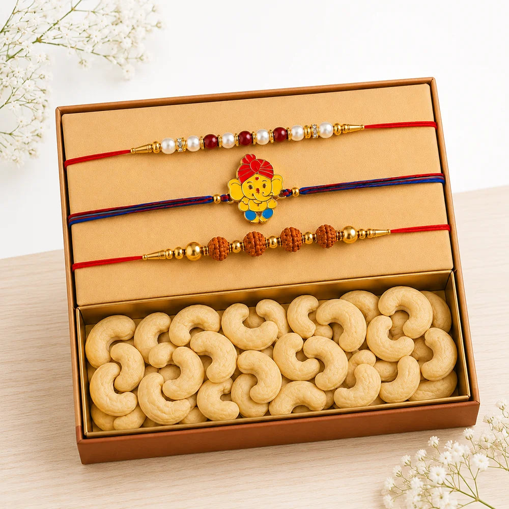 Pearl, Rudraksha & Ganesha Rakhi with Premium Cashews | Festive Family Rakhi Pack
