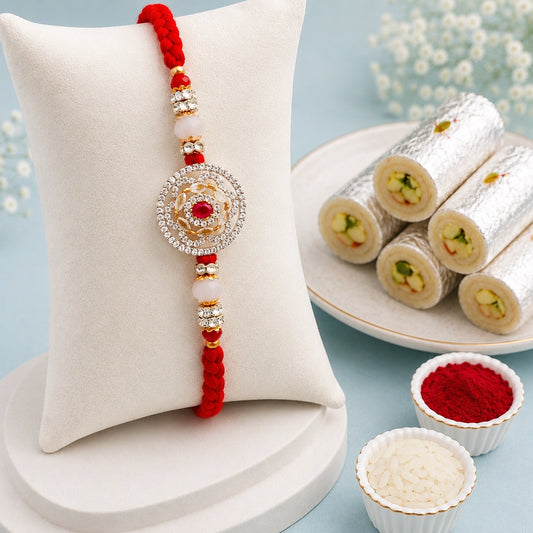 Kundan Floral Medallion Rakhi with Kaju Roll