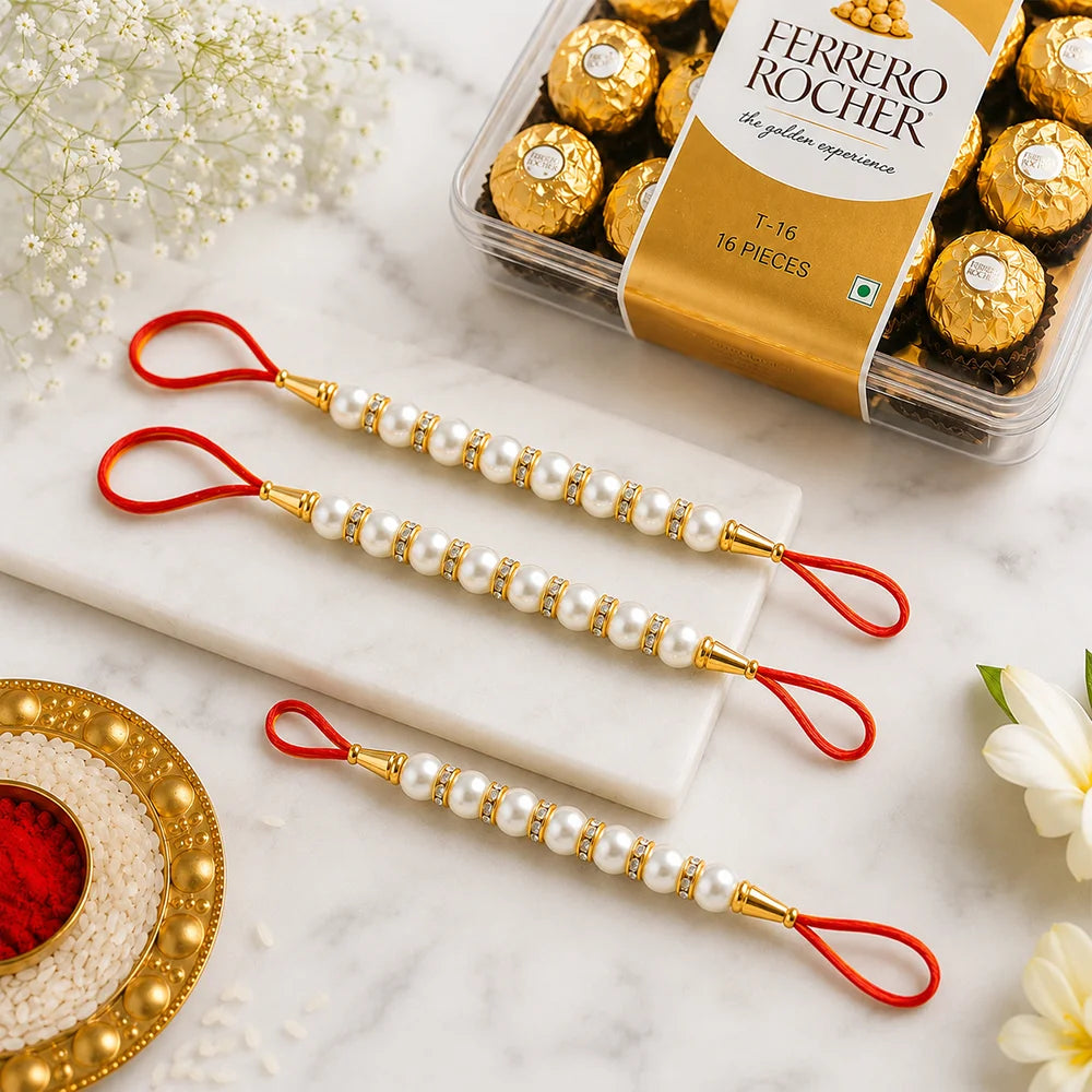 Set of 3 Pearl Rakhi  with Ferrero Rocher Chocolates | Luxury Rakhi Gift Set