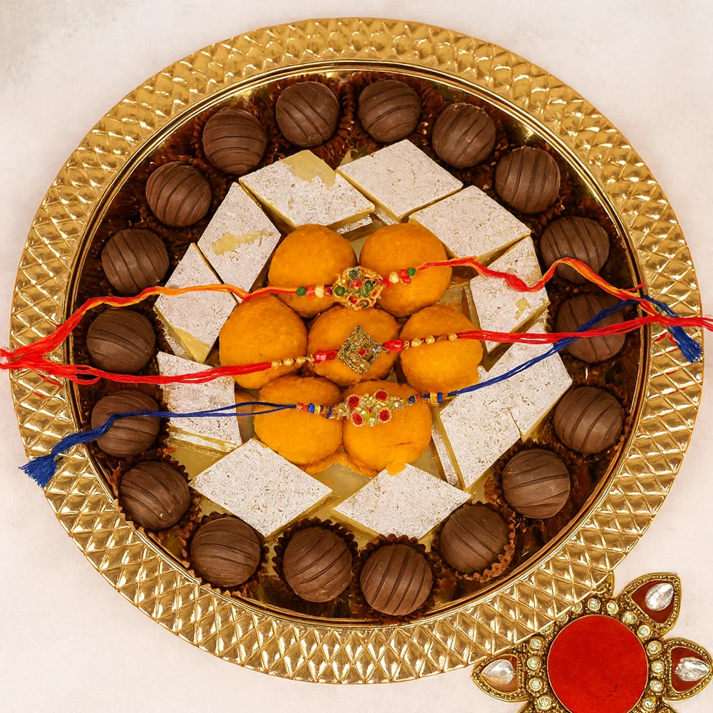 Bhaiya Bhabhi and Krishna Rakhi with Sweets and Chocolate Platter