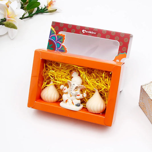Ganesha Idol with Set of 2 Modak Diyas - White