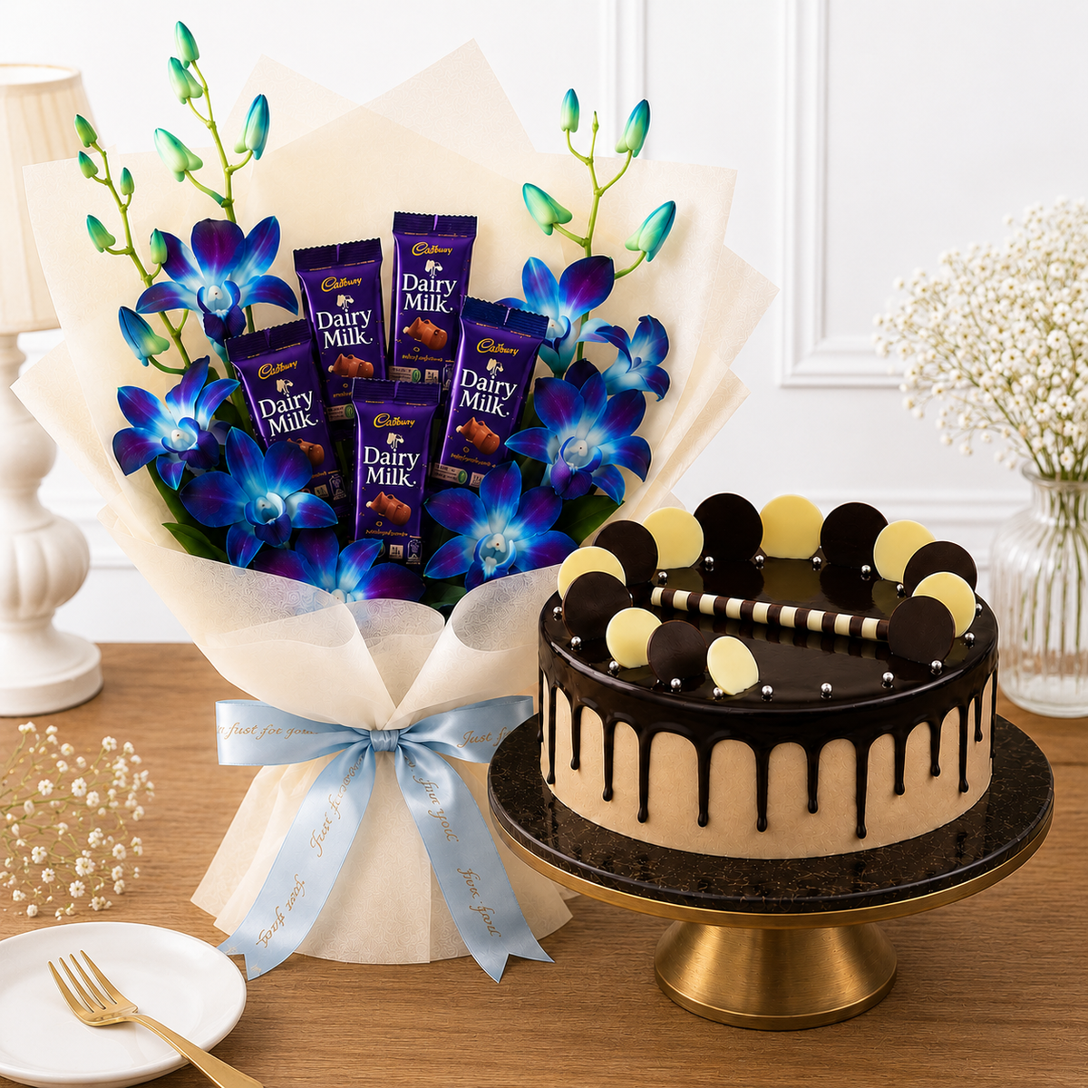 5 Blue Orchids With Cadbury Chocolate And Cake