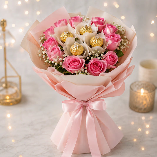 10 Aqua Pink Roses & Ferrero Rocher Chocolate Bouquet