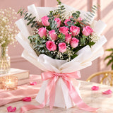 Elegant 12 Pink Roses Bouquet in White Premium Paper with Pink Ribbon