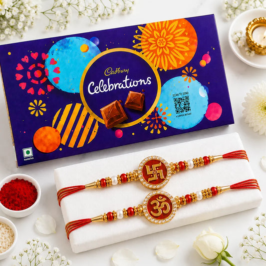 Set of 2 Swastik Om Devotional Rakhi with Cadbury Chocolates | Spiritual Rakhi Gift