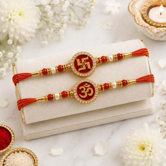 Set of 2 Swastik Om Devotional Rakhi with Cadbury Chocolates | Spiritual Rakhi Gift