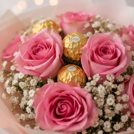 10 Aqua Pink Roses & Ferrero Rocher Chocolate Bouquet