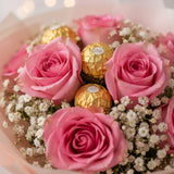 10 Aqua Pink Roses & Ferrero Rocher Chocolate Bouquet