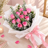 Elegant 12 Pink Roses Bouquet in White Premium Paper with Pink Ribbon