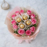 10 Aqua Pink Roses & Ferrero Rocher Chocolate Bouquet
