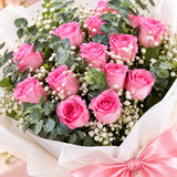 Elegant 12 Pink Roses Bouquet in White Premium Paper with Pink Ribbon